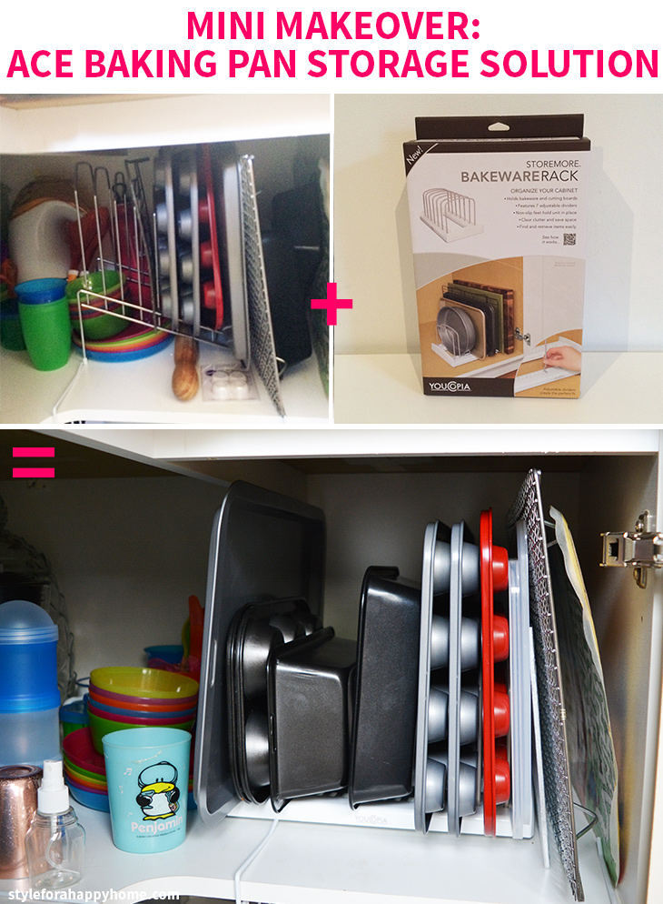 Mini Makeover: Ace Baking Pan Storage Solution on Style for a Happy Home // Click for details